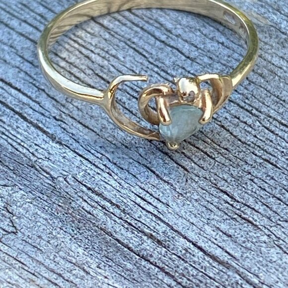 Vintage Marked 10K Yellow Gold HeartRing w/Aquamarine & Diamond Chip Broken READ - Picture 5 of 15